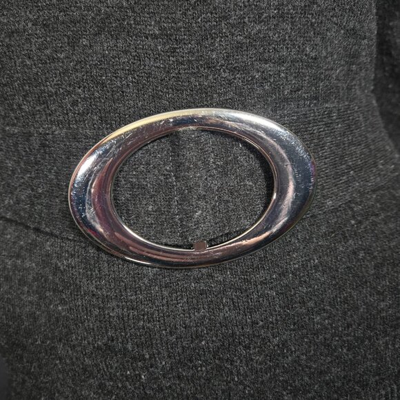 Y2K Gray Belted Sweater Size S Silver Oval Buckle Retro Mod Cowl Neck Fitted - Picture 3 of 10